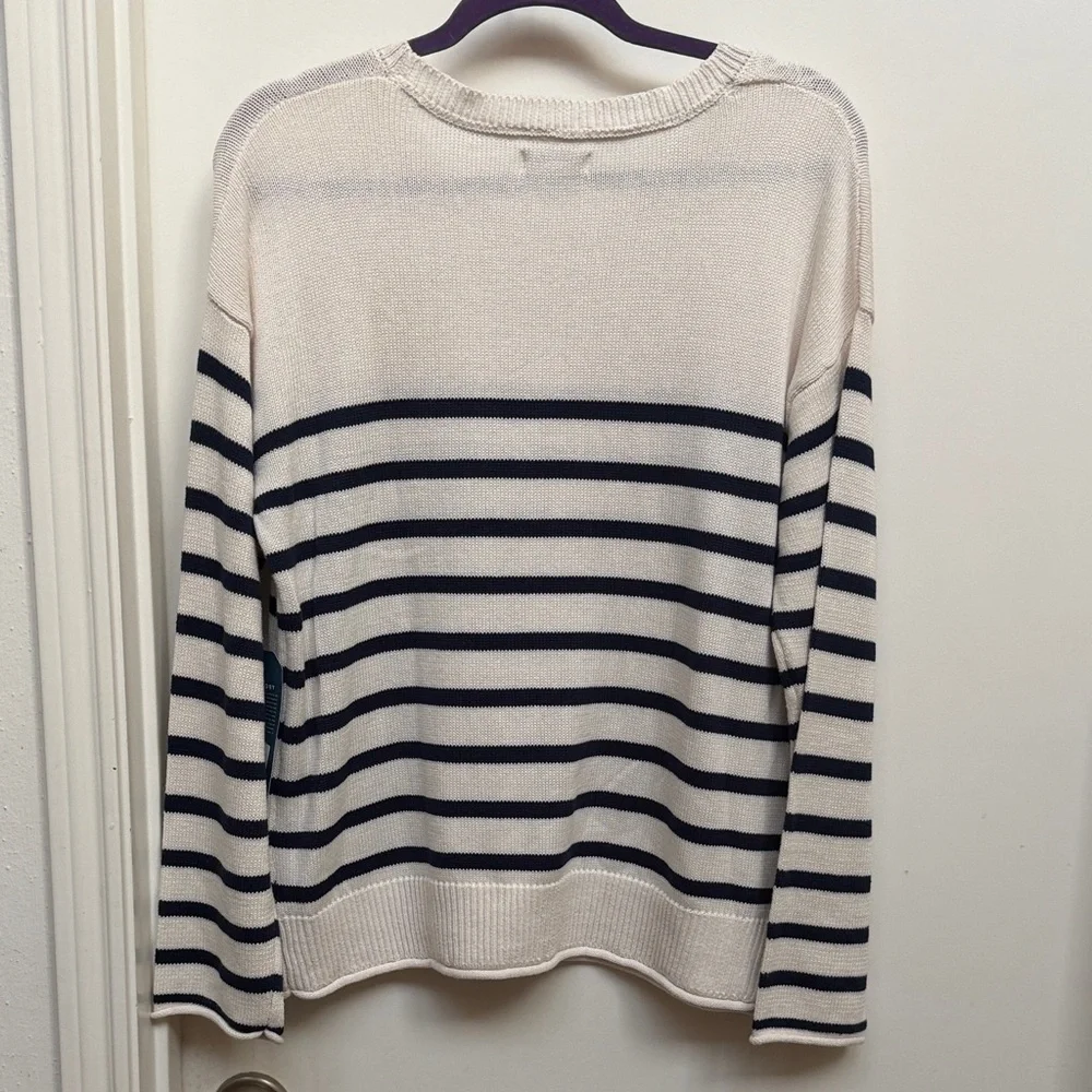 New Life is Good Striped Cream Black Sweater with Sun Embroidery, drop sleeves L - Picture 6 of 6